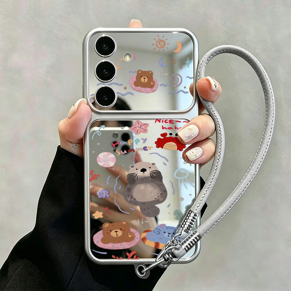 Cartoon Bear Mirror Case with Lanyard For Samsung A16 A17 A55 5G A56 A57 A37 A36 A35 A26 A07 A06 A54 A53 S26 S25 S24 Ultra S23FE