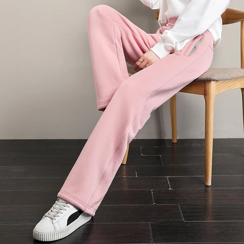 Winter Warm Thicken Cashmere Women's Sweatpants Drawstring Elastic High Waist Straight Pants Solid Color Simple Premium Trousers