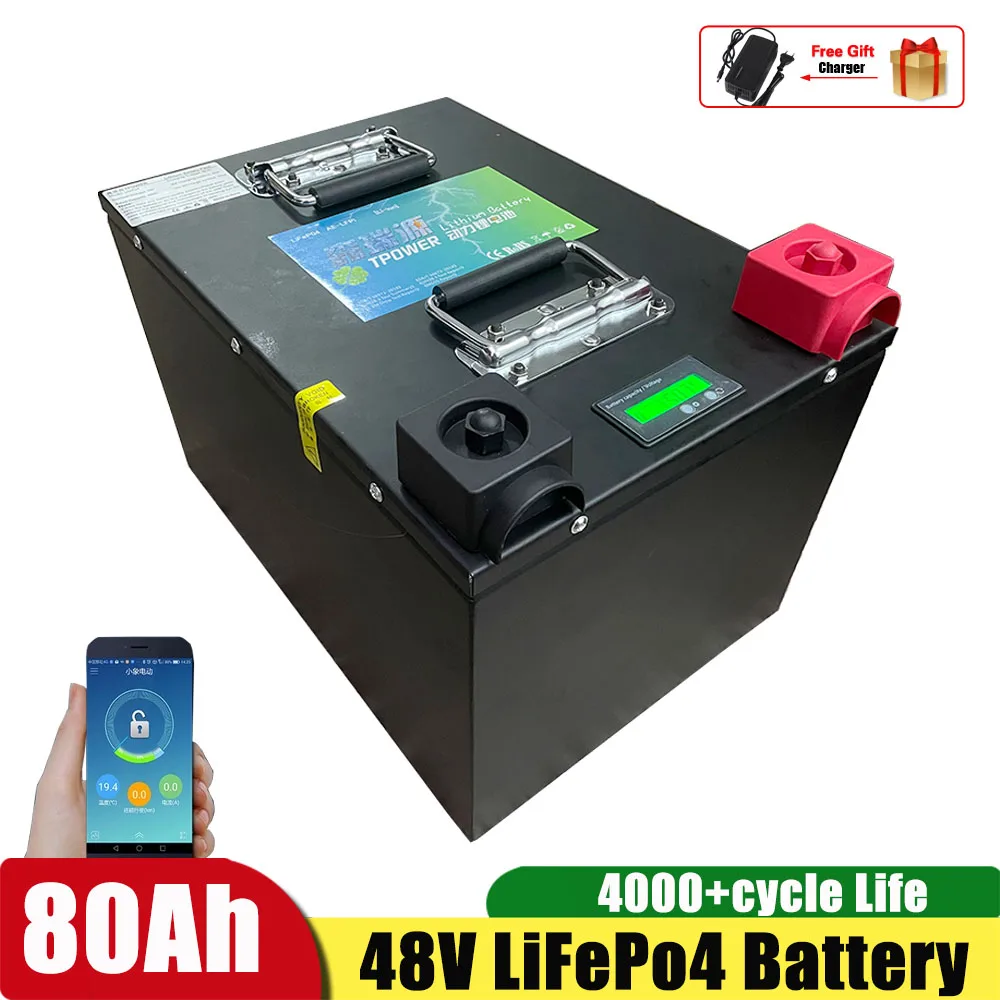 

48V 80Ah Lifepo4 Lithium Battery Lithium Iron Phosphate With BMS for 5000W Scooter Bike Golf Cart RV Bike gift=10A Charger