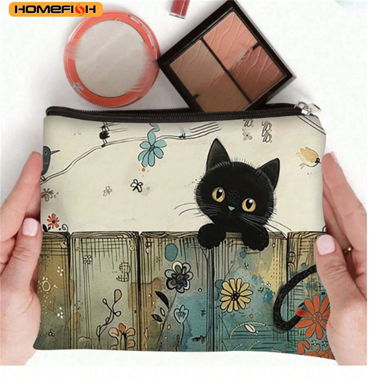 

HOMEFISH Black Cat Floral Zipper Pouch - Durable, Fade-Resistant Cosmetic Bag, Gift for Sisters, Friends, Cat Lovers | Vibrant