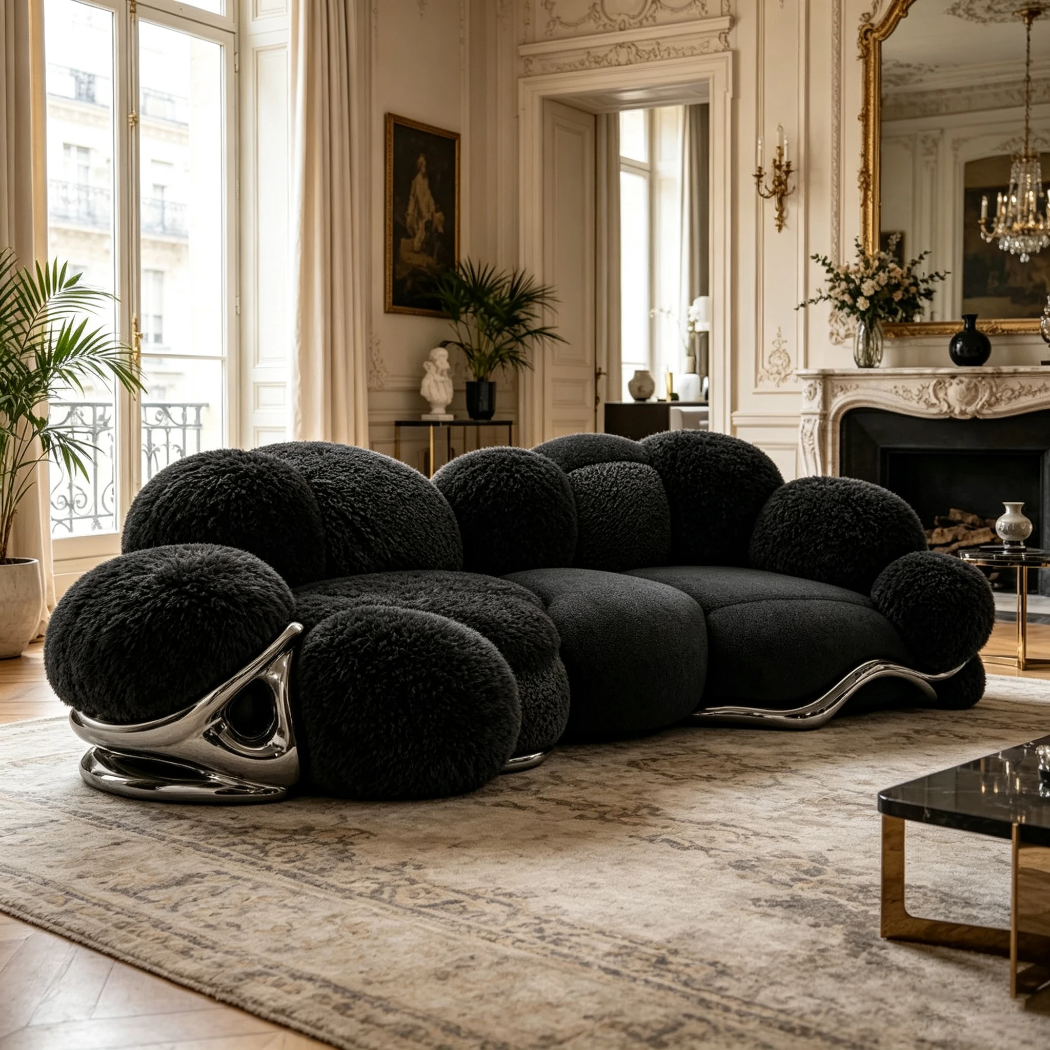 Z*-Black Round Pom Pom Plush Sofa Polished Mirror Silver Fiberglass Curved  for Upscale Household Lounge^
