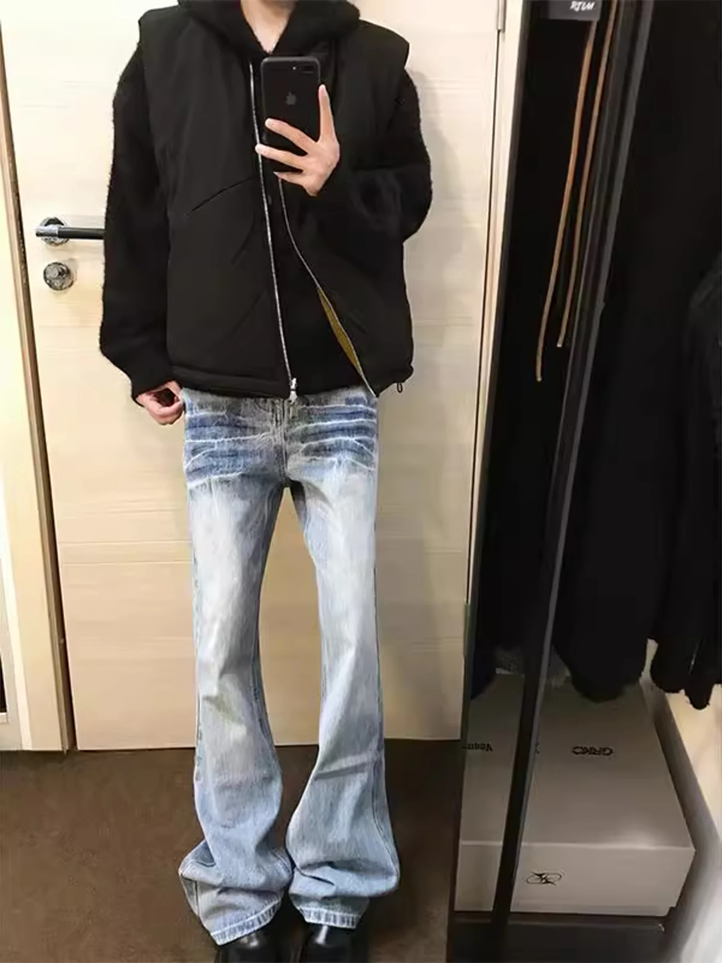 

Cleanfit Lightning Pattern Men's Jeans mid Waist Straight Leg Wide Leg Bootcut Washed American Vintage Style Autumn Fashion