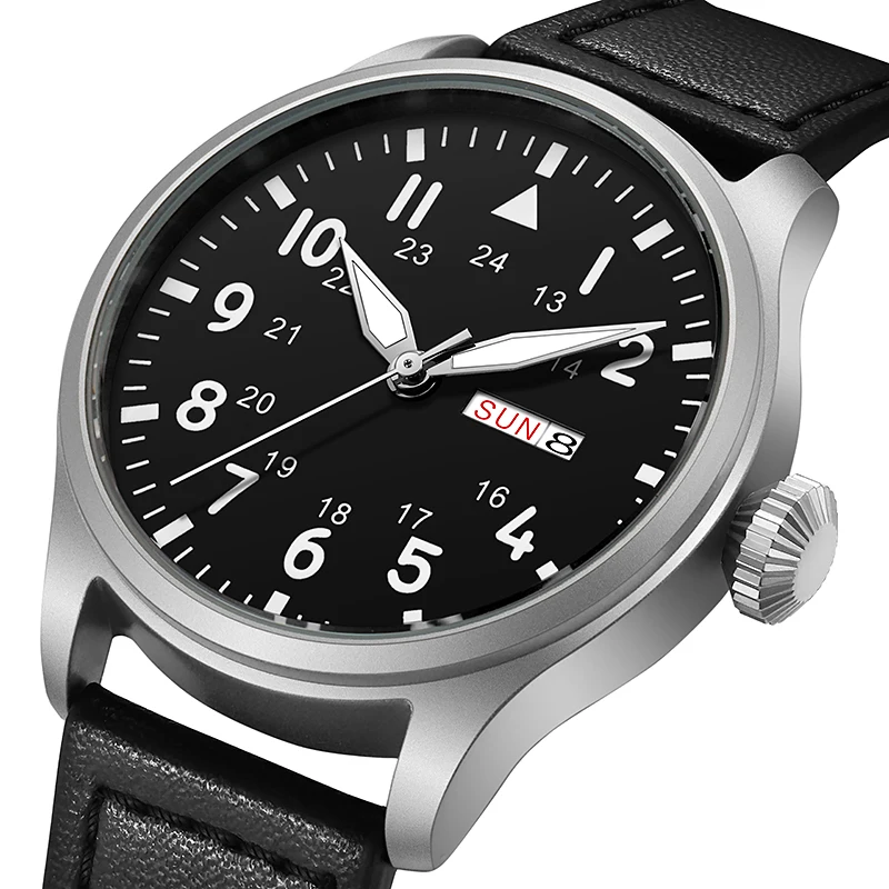 TPW Men's Pilot Watch 40mm Vintage Aviator Field Watch with Day Date, Oversized Diamond Crown, Full Luminous Dial