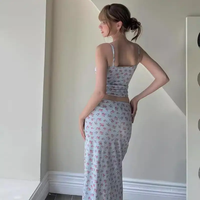 

Floral Print Dr Set Women's Summer Faion Outfit Svel Vest And Skirt Ensemble Plant Pattern European Sle