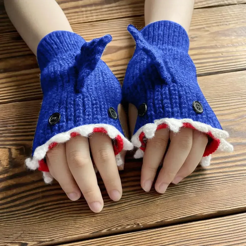 New 3D Cartoon Half Finger Gloves Shark Fish Knitted Glove Cute Novelty Unisex Winter Warm Men Women Xmas Gift Christmas Guantes