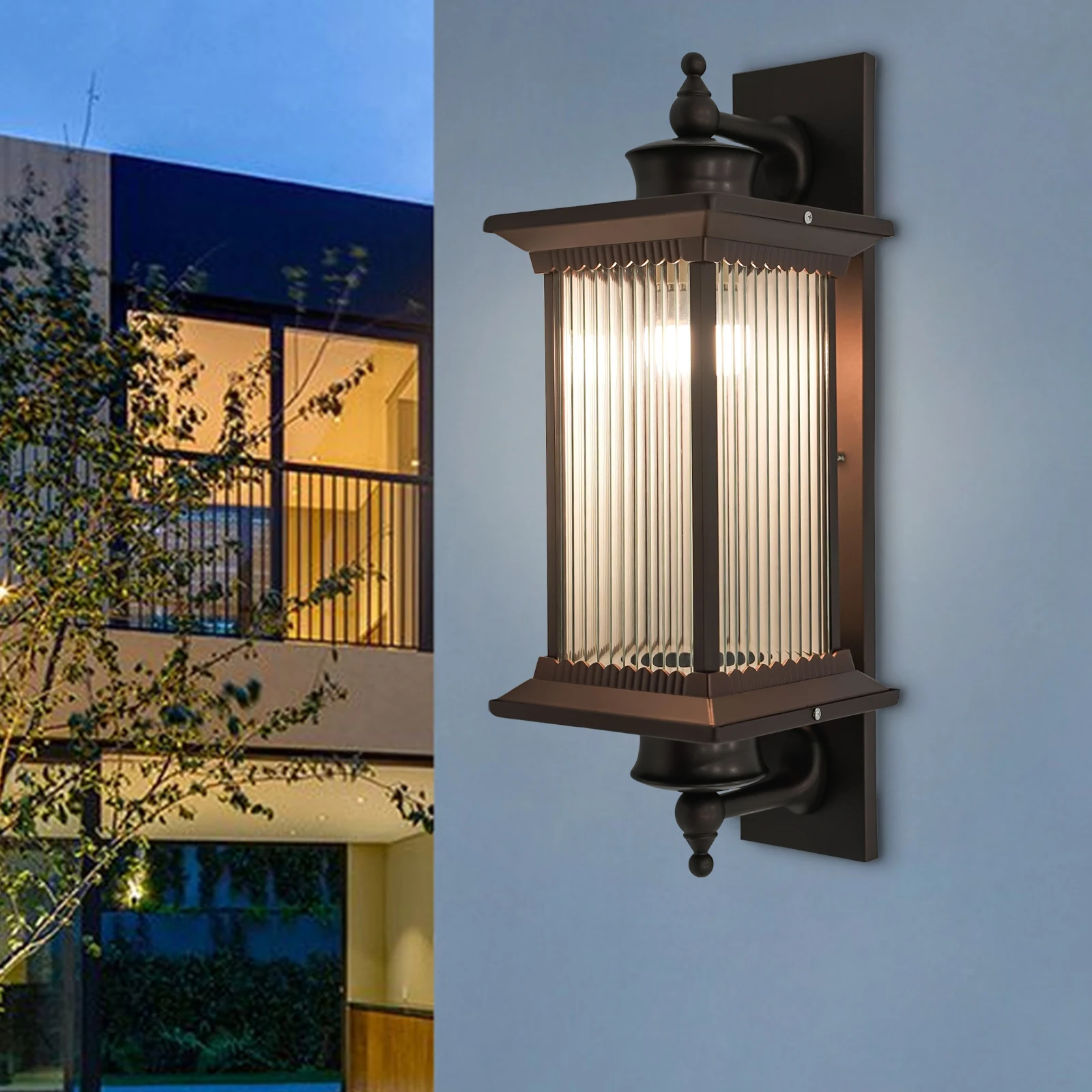 Esyogen Industrial Loft Large Metal Lantern Ribbed Glass Outdoor Gate Wall Lights Sconce 24&Amp;58Cm High (Kaffeefarbe)