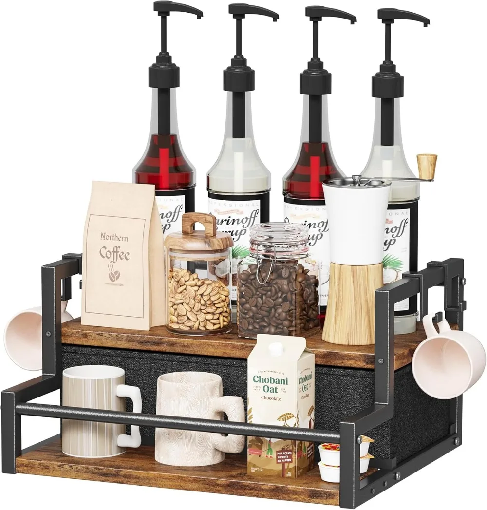 

2-Tier Coffee Syrup Organizer with Drawer, Rustic Brown Storage Rack for Kitchen Bar Accessories