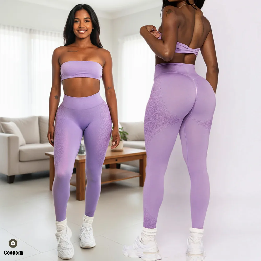 

2PCS Pad Seamless Women Tube Fitness Narrow Bra Sports Yoga Sets Scrunch Pants Gym Workout Running Leggings Activewear XP131