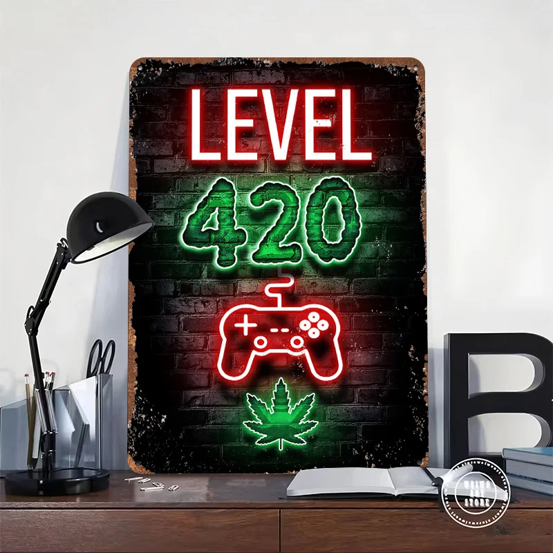 Level 420 High Gaming Weed Poster Customized Vintage Metal Signs Wall Art Retro Tin Plaque for Home Decorations Room Accessories