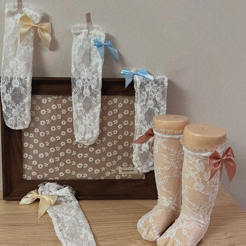 Baby Lace Socks Children Summer Mesh Long Socks Ribbon Bow Princess Ruffle Brim Stockings Lolita Girl Footwear 0-6Year Kids