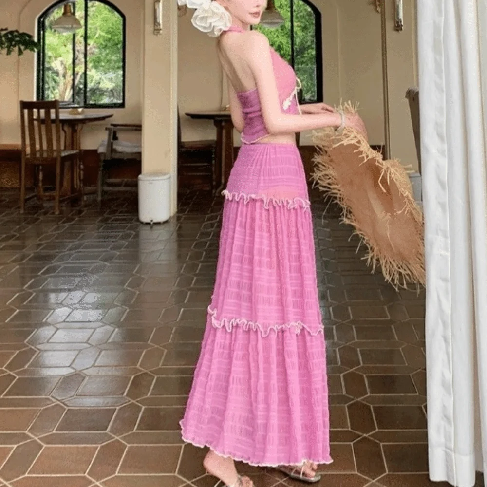 

Bikini Halter Swimsuit Skirt Set Camisole Beachwear Clothings Long Skirt Bathing Suit Loose Ruffled Three Pieces Set Swimwear