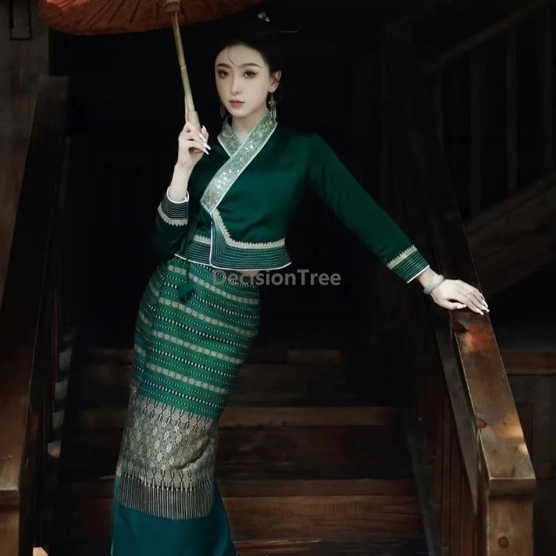 Traditional women thailand clothing chinese Dai ethnic style lacing hanfu top straight skirt elegant dignified temperament set