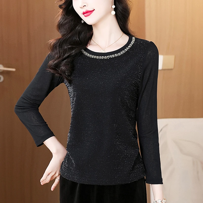 

Spring 2026 Stylish Ageless Beaded Nine Sleeve Slim Fit Meat Concealing Women's Base Shirt T-Shirt Casual Style Polyester Fiber