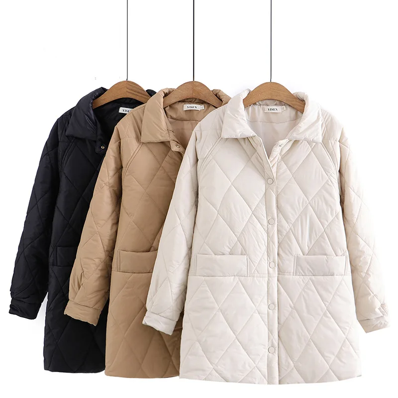 Autumn Winter Cotton Padded Jacket Women New Korean Lapel Oversize Loose Diamond Plaid Mid-Length Cotton Coats Female Outerwear