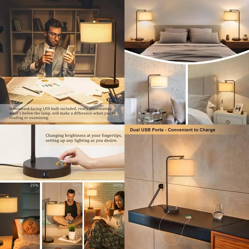 

Pair of Modern Dimmable Table Lamps with USB Charging, Linen Shades, LED Included for Bedrooms, Living Rooms, Offices
