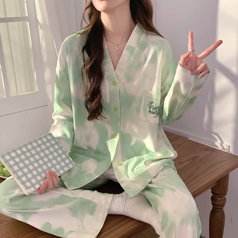 Spring Autumn Women's Thin Cotton Pajamas Long Sleeve Cardigan Pants Loose Casual Home Clothing Set Cute Sweet Sleepwear