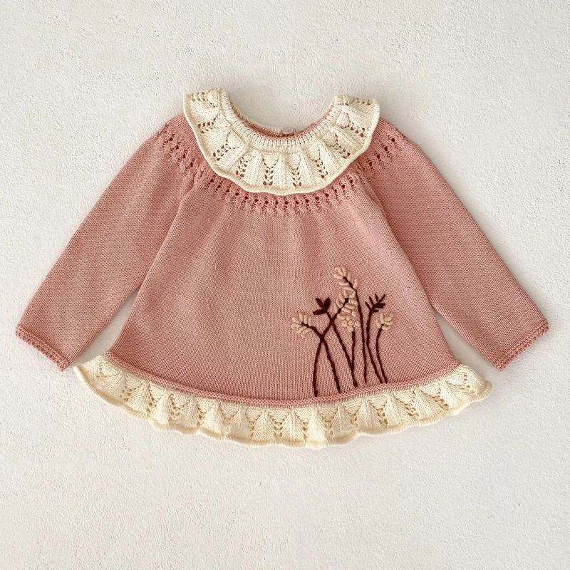 Autumn new outfit for 0-3 year old baby children\'s clothing, girl baby lotus leaf collar cute long sleeved knitted long top