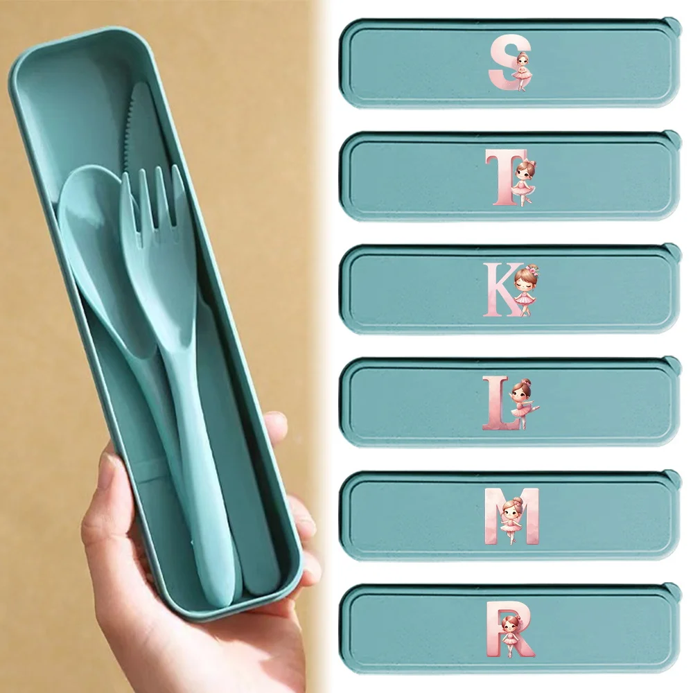 

3Pcs Portable Wheat Straw Dinnerware Set Kitchen Cutlery Organizer Case Reusable Travel Accessorie Ballerina Girl Letter Pattern