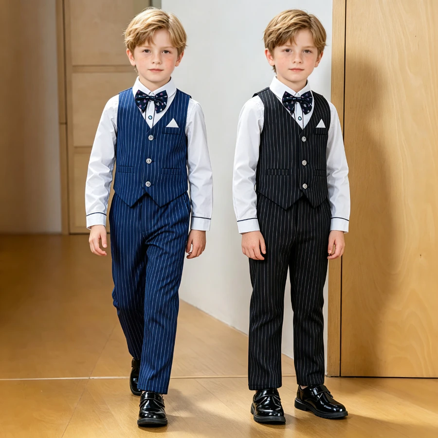 Boys Black Striped Waistcoat Suit 2-Piece Set with White Shirt Teen School Kids Wedding Ring Bearer Stage Host Dress Wear 2-13Y