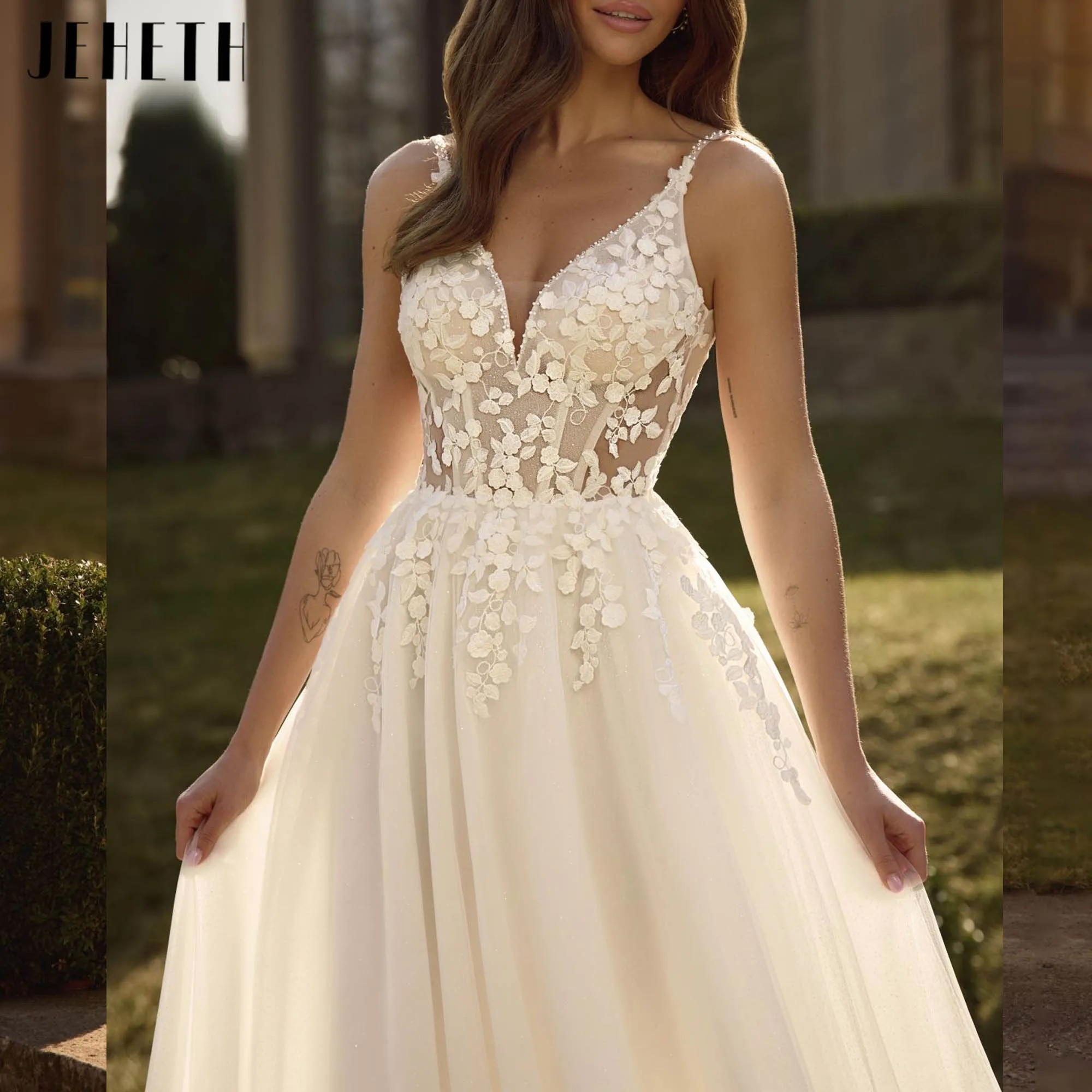 JEHETH الرعوية يزين فستان الزفاف الخامس الرقبة السباغيتي الأشرطة زي العرائس الحديثة ألف خط عارية الذراعين vestidos de novia مخصص