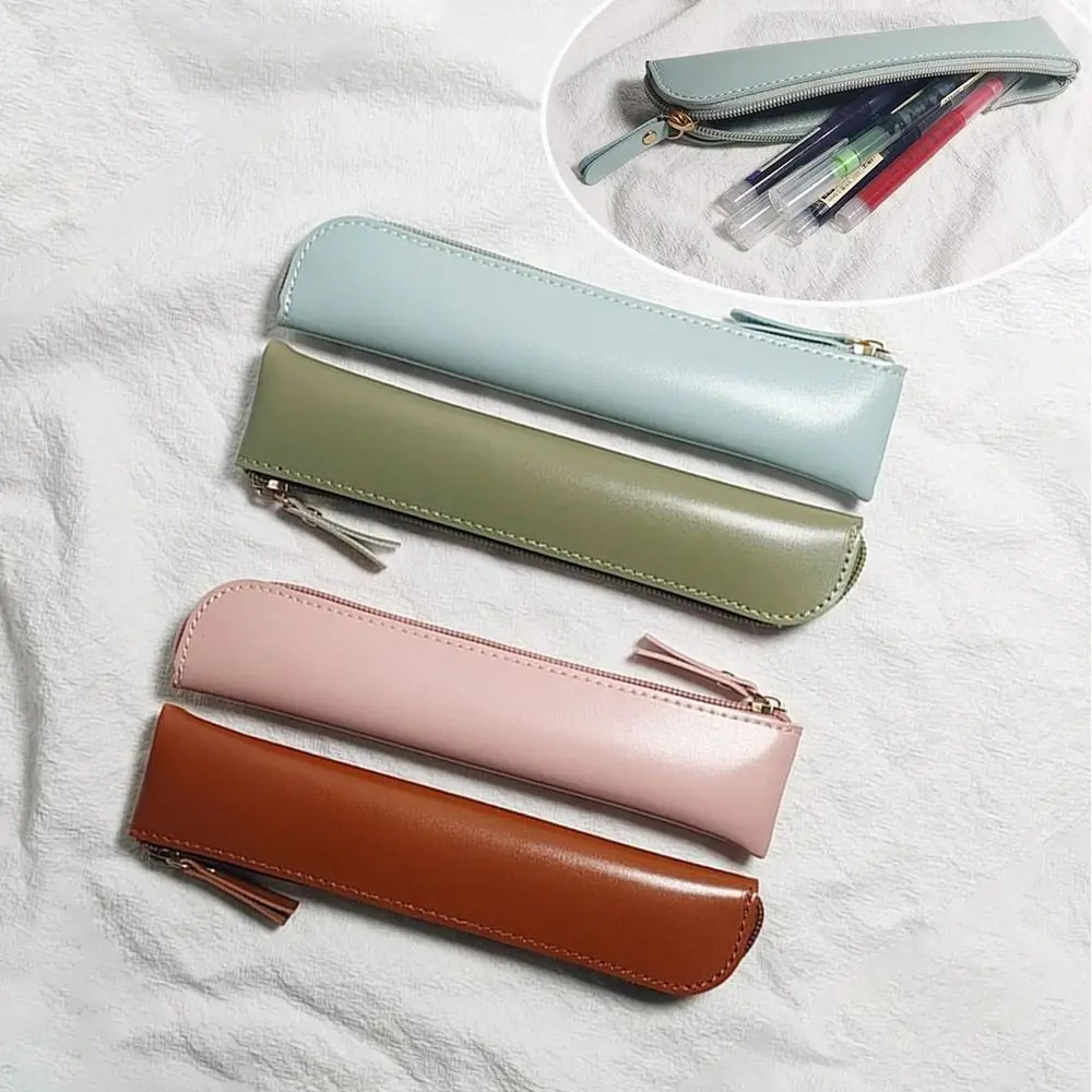 Vintage PU Thin Pencil Case Soft Zipper Pencil Bags Student Stationery Practical Pen Storage Bag for Kids School Supplies