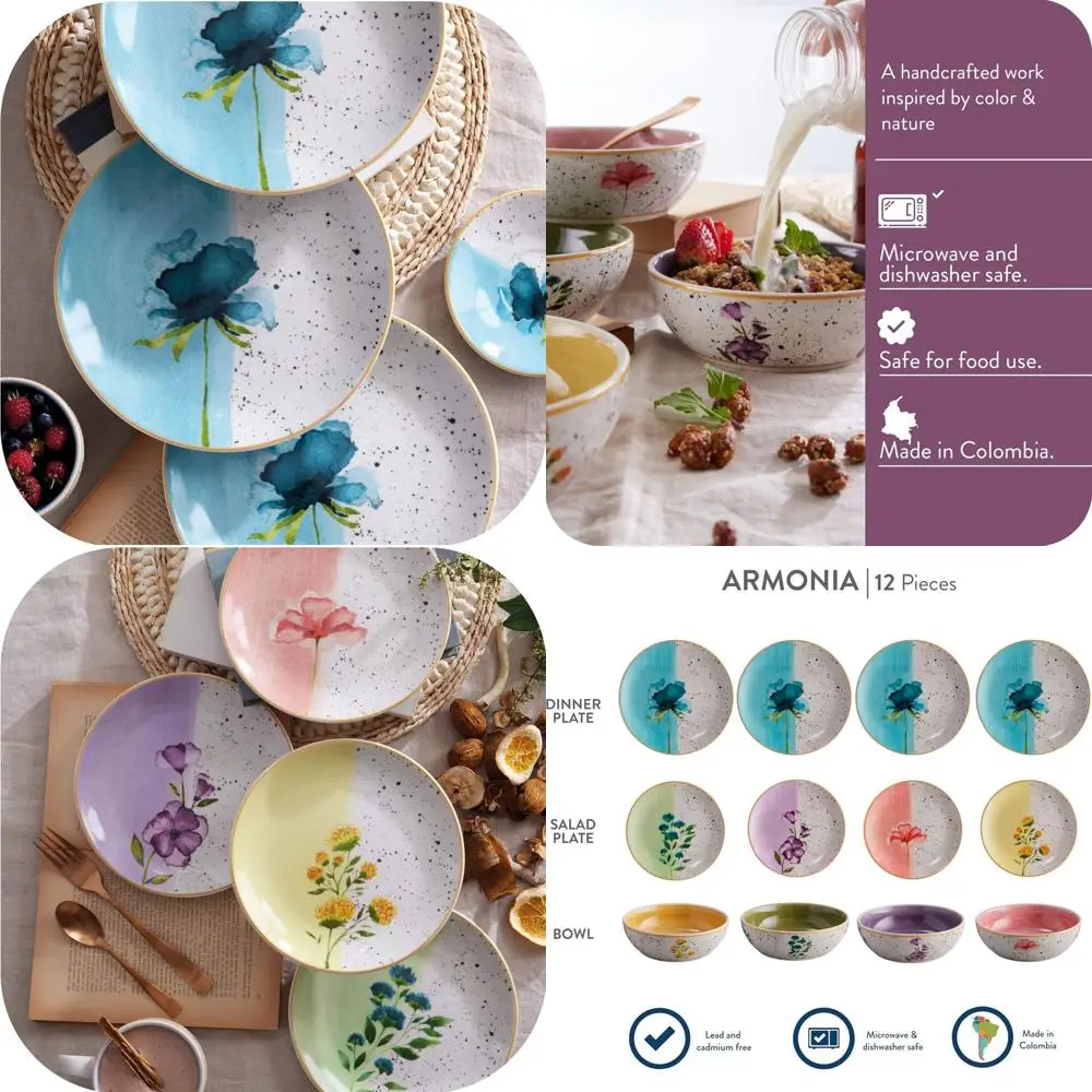 

Набор керамической посуды из 12 предметов с разноцветным цветочным узором | Тарелки и миски | На 4 персоны