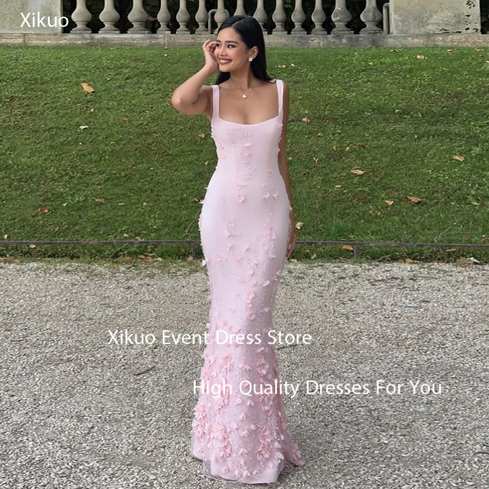 Xikuo Fairy Pink Satin Evening Gowns Long Mermaid Robe Cocktail Femmes 3D Flowers Spaghetti Strap Party Prom Dresses Customized