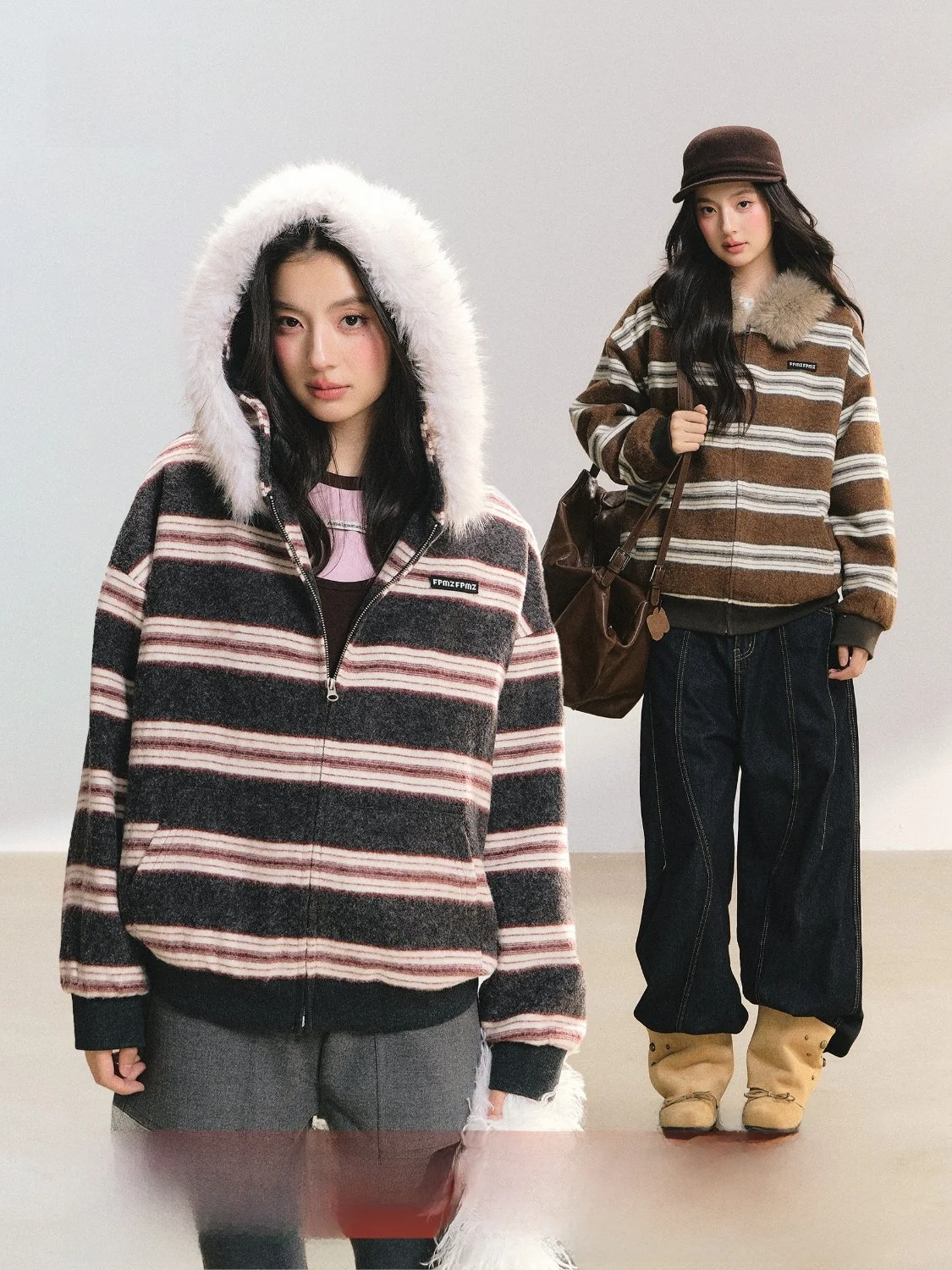 

FPMZ Thiened Hooded Zipper Cotton Jaet Women's Loose Fit Hoodie Coat with Fur Collar Long Sve Striped Pattern