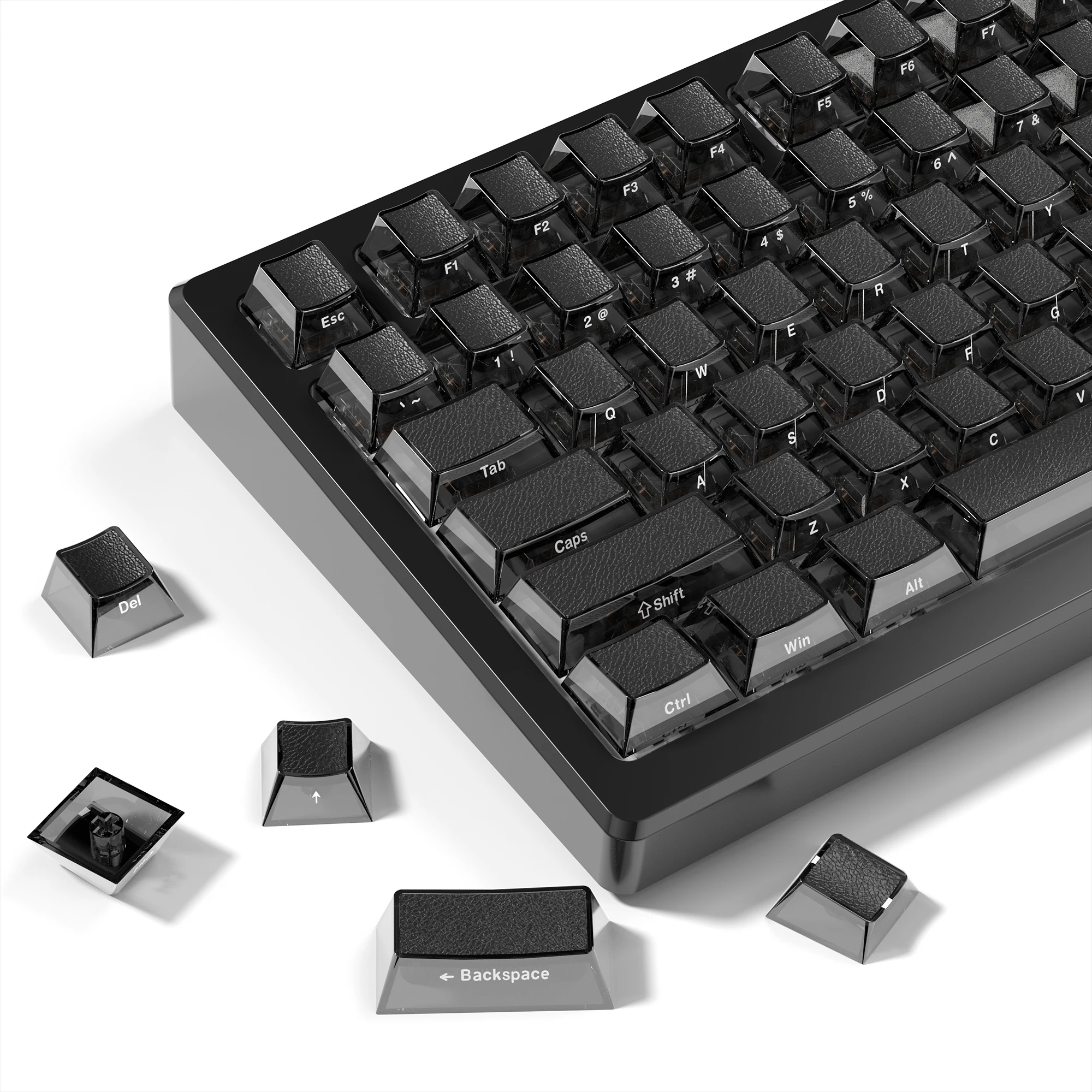 

124 клавиши, черные колпачки из искусственной кожи с боковым принтом из ПБТ, колпачки для клавиш с вишневым профилем и подсветкой, двойные колпачки для механической игровой клавиатуры