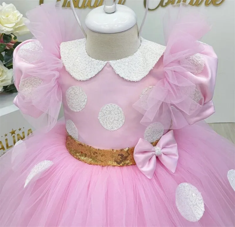 Princess Flower Girl Dress For Wedding Pink Knee Length With Big Gold Sequin Bow Wedding Party Dress Kids Puffy Ball Gown