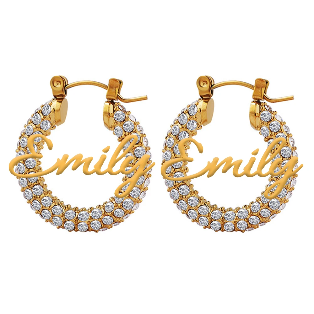 HIYONG Custom Name Plate Sparkling Earrings Personalized Mini Hoop 22mm Earrings Letter Zircon Stainless Steel Ear Jewelry