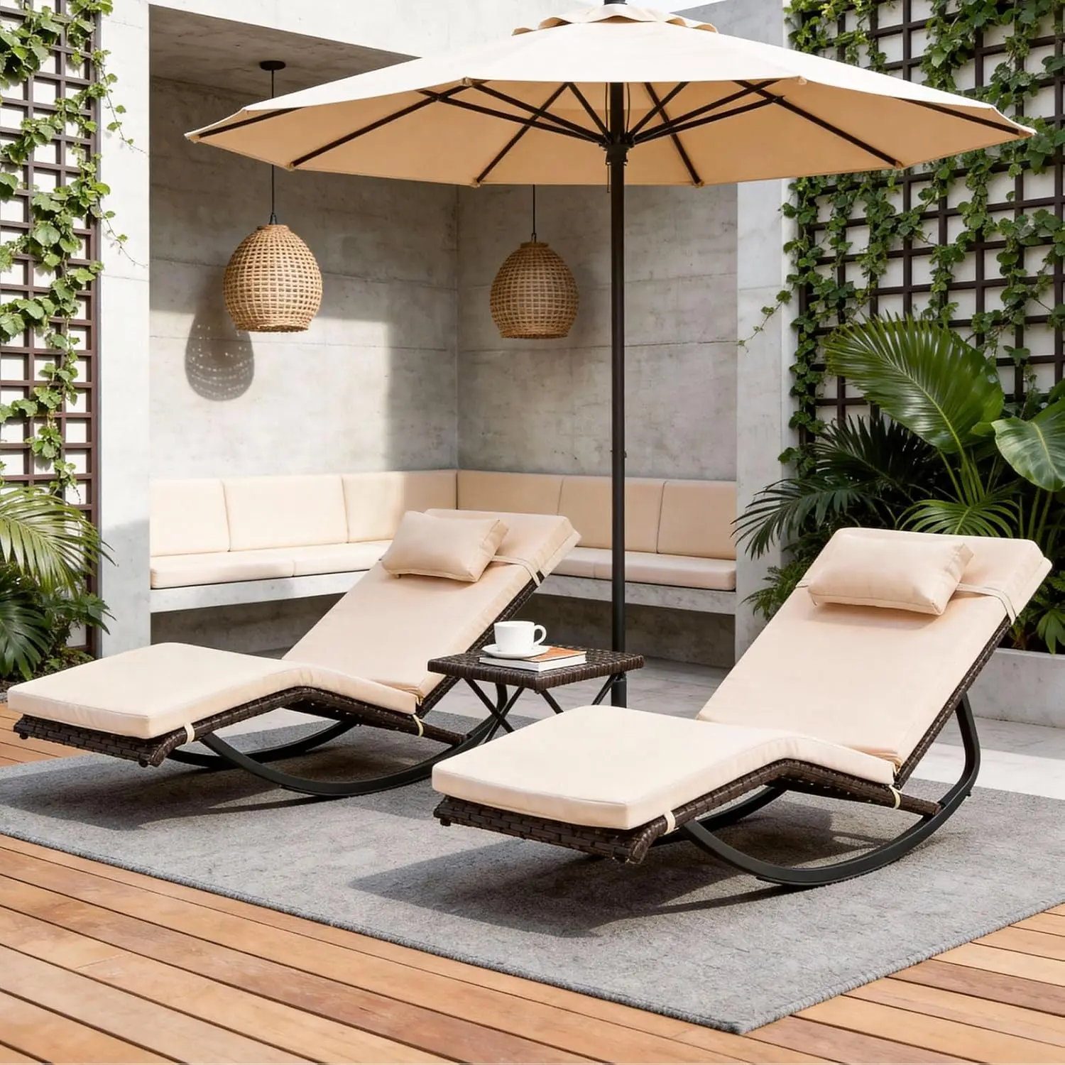 

Outdoor Lounge Chair Set of 3, Patio Chaise Lounger with Folding Table and Adjustable Headrest,Customized