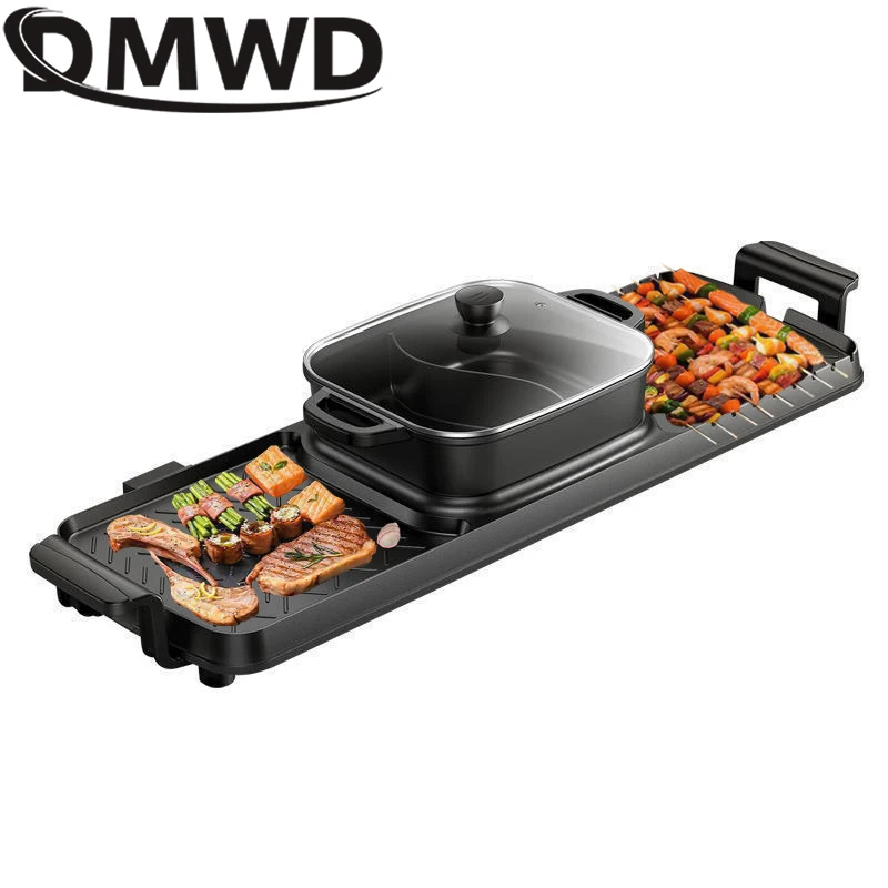 DMWD Electric Grill Multifunctional Hotpot & BBQ Integrated Pot Shabu Grilling Grills Smokeless Frying Pan Barbecue Baking Tray