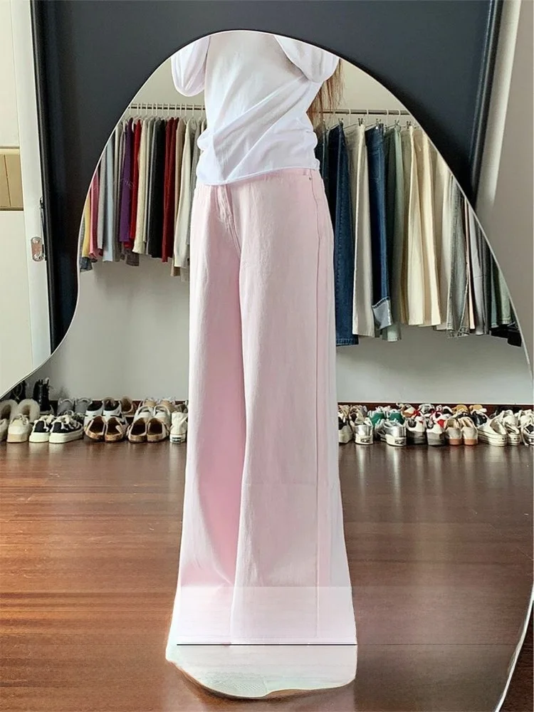 

Джинсы женские больших размеров, розовые, простые, прямые, широкие, свободного кроя, с высокой талией, из денима, осенне-зимние, новые, стройнящие