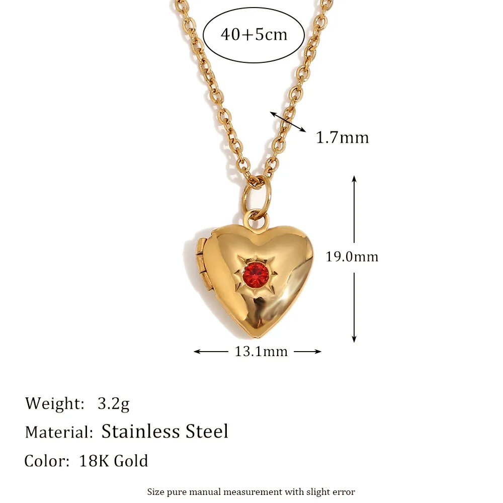 Ins 18K Gold PVD Plated Stainless Steel Heart Love Birthstone Locket  Pendant  Necklace For Women Waterproof Jewelry Gift