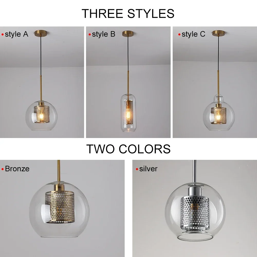 Sliver Bronze Loft Modern Pendant Light Glass Ball Hanging Lamp Kitchen Light Fixture Dining Hanglamp  Living Room Luminaire