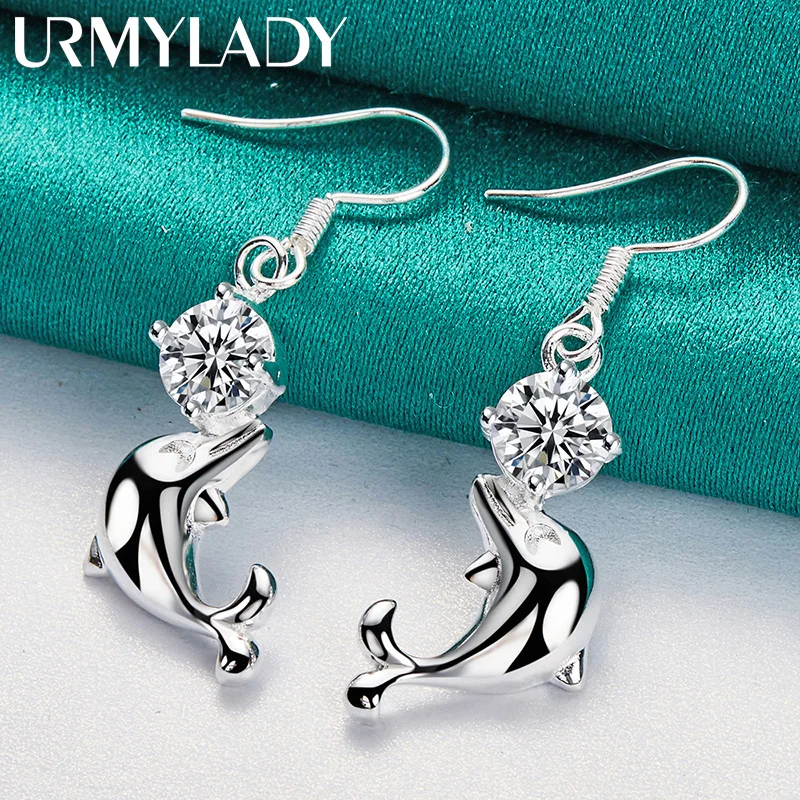 URMYLADY 925 Sterling Silver Dolphin Zircon Earrings Eardrop For Women Charm Wedding Fashion Engagement Jewelry