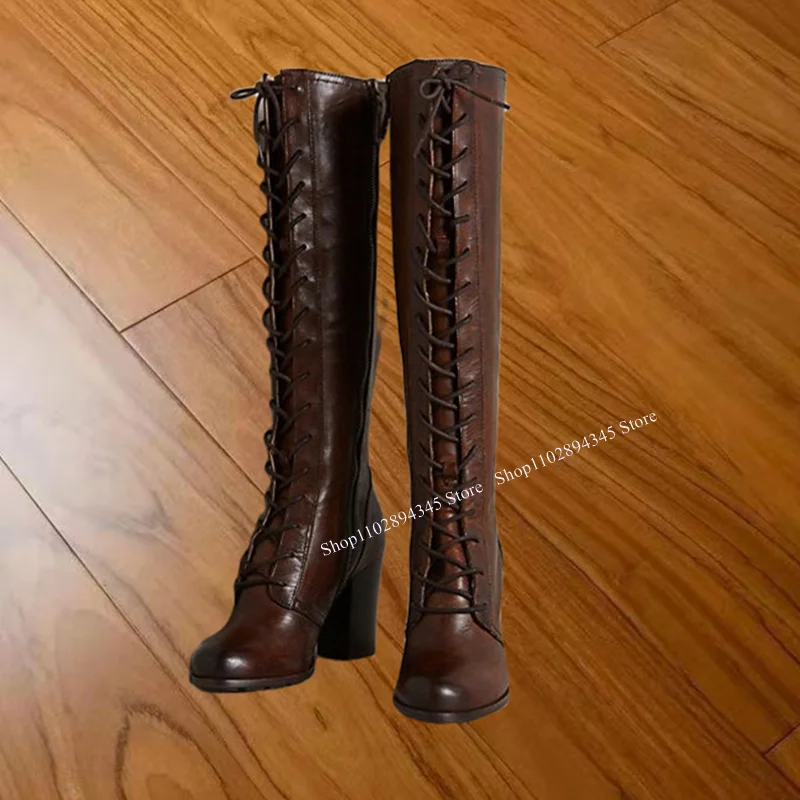 

Brown Over Knee Lace Up Boots Chunky Heel Round Toe Fashionable Sexy Cool 2025 Summer Big Size Woman Shoes Zapatillas Mujer
