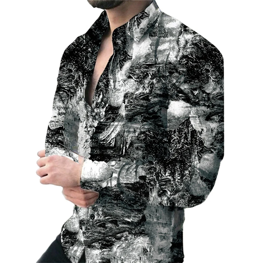 2024 Spring New Men\'s Cashew Floral Shirts 3d Printing Lapel Cardigan Thin Section Slim Shirt Man Y2k Long-sleeved With Button