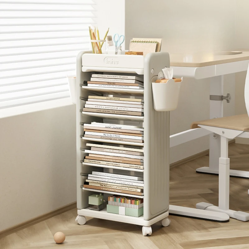 ‌Nordic Cream Mobile Bookshelf, DIY Adjustable Multi-Layer Magazine Rack with Wheels, Creative Space-Saving Storage Organizer