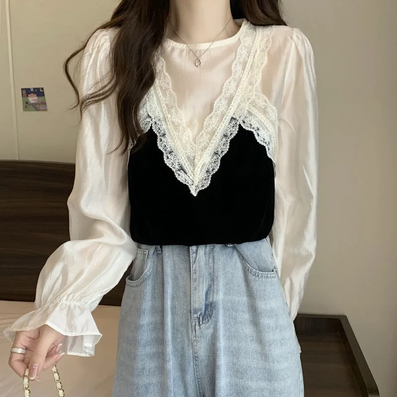 Blusas elegantes de retazos de encaje dulce para mujer, Tops informales holgados con textura de manga larga, ropa de primavera y otoño, moda coreana