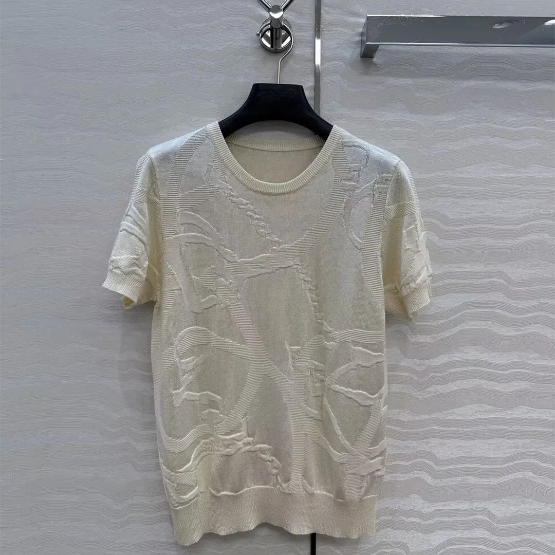 2026 New Spring Summer Cotton Blends Knitted Tops Women O-neck Short Sleeve Solid Color Jacquard Embroidery Casual T-shirt