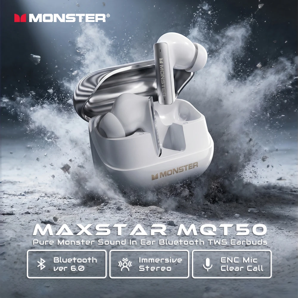 Monster MQT50 Bluetooth 6.0 Sport Earbuds ENC Call Noise Canceling Headphone IPX4 Waterproof TWS Wireless Earphone with Mic