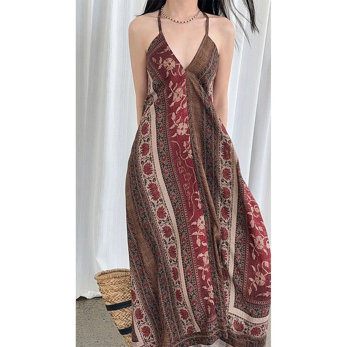

Windy Backless Hanging Neck Vacation Style Camisole Dress, Summer New Bohemian Print Dress