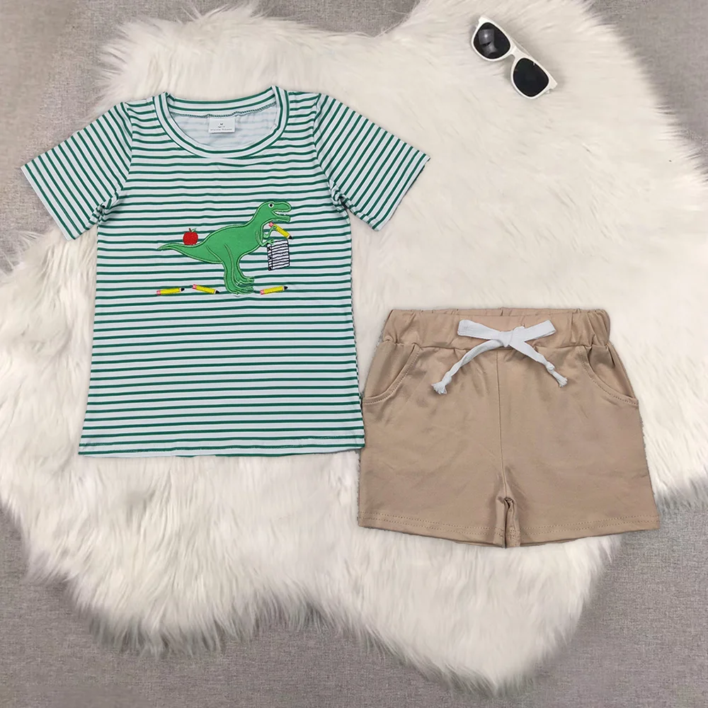

Embroidery Baby Boys Green Stripe Dinosaur Top Gray Pockets Short Clothes Sets