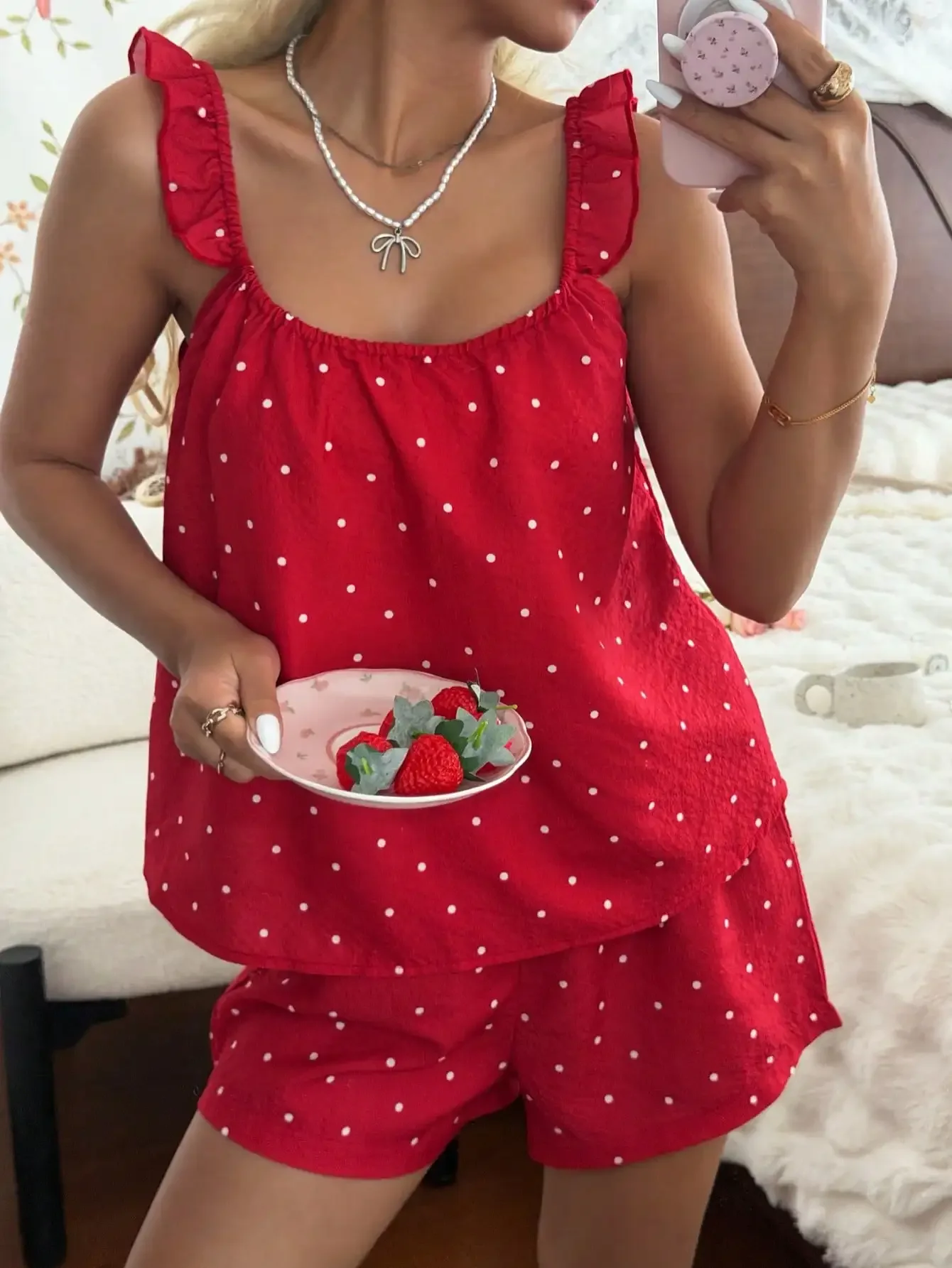 

CottageSlumber Red Polka Dot Print Camisole & Shorts Pajama Set For Women, Summer Sleepwear