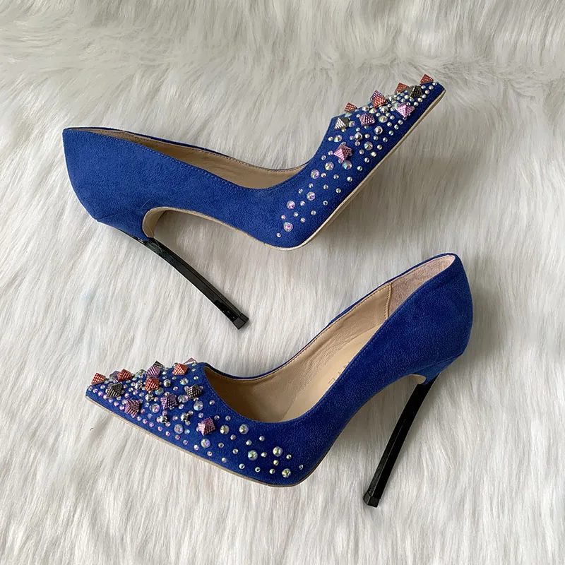 Hot Sale dark blue suede colorful stud crystal women lady party 10cm 120mm square heel plus small size high heel shoes pump