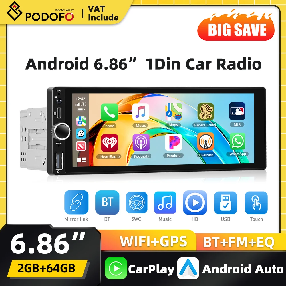 Autoradio multimédia Podofo Carplay 6,86 pouces Android 1din, lecteur vidéo, Android Auto, stéréo, GPS, navigation, lecteur FM, 4G, EQ, WiFi, Bluetooth