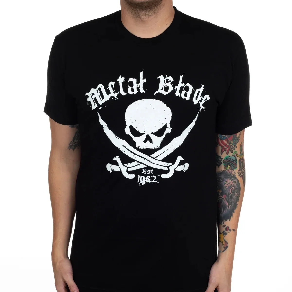Metal Blade Unisex T‑Shirt,distressed Pirate Skull Crossed Sabers Est 1982 Print,vintage Heavy Metal Tee for Old School Rock F