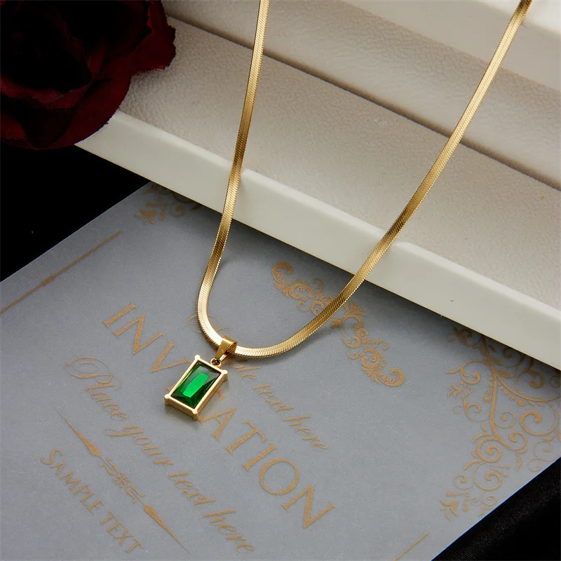 Korean Style Gold Blade Chain Stainless Steel Choker Necklace for Women Green Zircon Pendant Earrings Jewelry Set Party Gifts